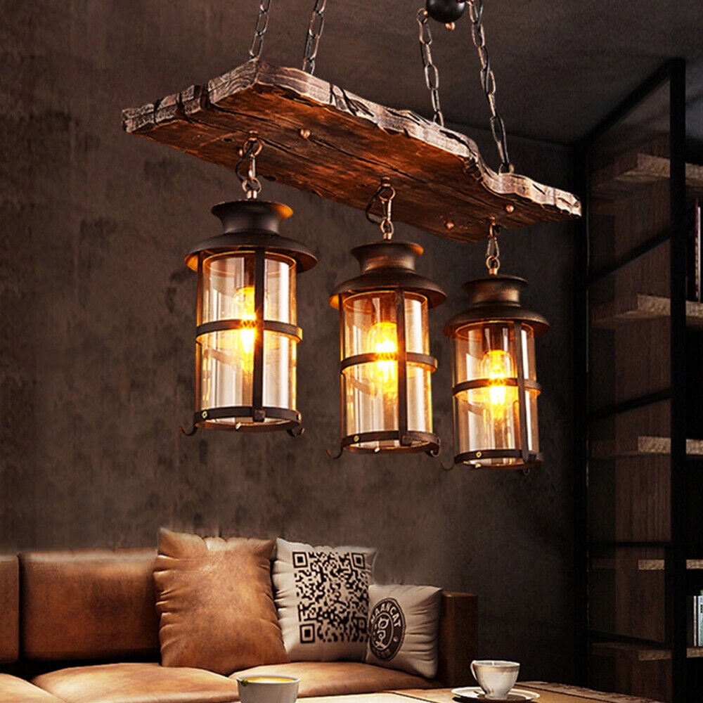 110V 40W 3-Light Cylindrical Farmhouse Loft Rustic Chandelier Wood Pendant Ceiling Light Fixture Lamp for Homes, Bars, Cafes, Restaurants