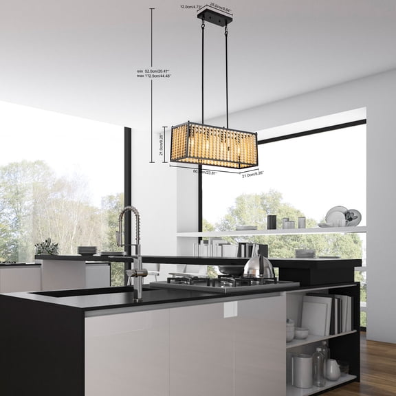 110V 40W 4-Light Wooden Bead Chandelier Fixtures Rectangular Pendant Light For Livingroom Dining Room