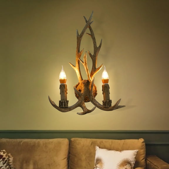 110V 40W Vintage 2-Light Candle Antler Wall Lamp Deer Horn Bar Restaurant Wall Sconces Applicable Area  3-5m 14.9*19.7in for Front Doors, Bedrooms, Living Rooms