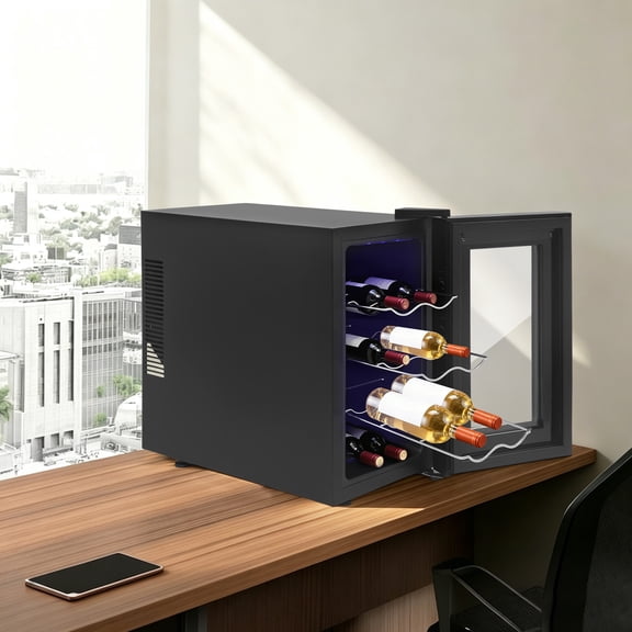 110V 55W 23L (Storing 8 Bottles) Home Kitchen Black Wine Cooler With Lamp, Double-Layered Glass Door