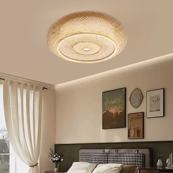 110V 60Hz Round Rural Style Rattan Ceiling Light Fixture Ceiling Lamp for Bedroom