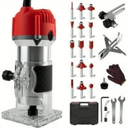 110V 800W Compact Wood Router Tool with 15PCS Bits and Gloves - High-Speed 30000RPM Router for Precision Woodworking,Red