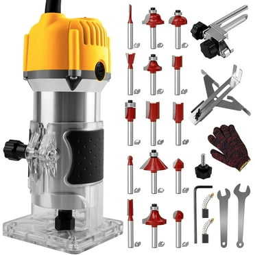 110V 800W Compact Wood Router Tool with 15PCS Bits and Gloves - High-Speed 30000RPM Router for Precision Woodworking, Yellow