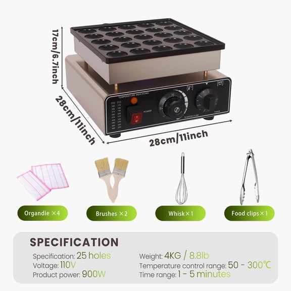 110V 900W Dutch Muffin Waffle Baker, 25PCS Mini Pancake Maker with Adjustable Temperature 50-300C, Dorayaki Maker for Kids Snacks