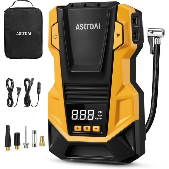 110V AC/12V DC Tire Inflator Portable Air Compressor, Dual Power Electric Air Pump with 150PSI Max Pressure & LED Light, Fast Inflation for Cars, Bikes, Motorcycles, and Inflatables, Yellow