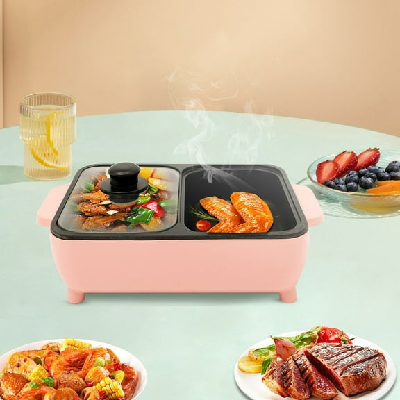110V Applicable People: 1-4 Pink Black Electric Hot Pot With Grill, Non-Stick Pan For Boiling & Frying, 2-In-1 Electric Hot Pot