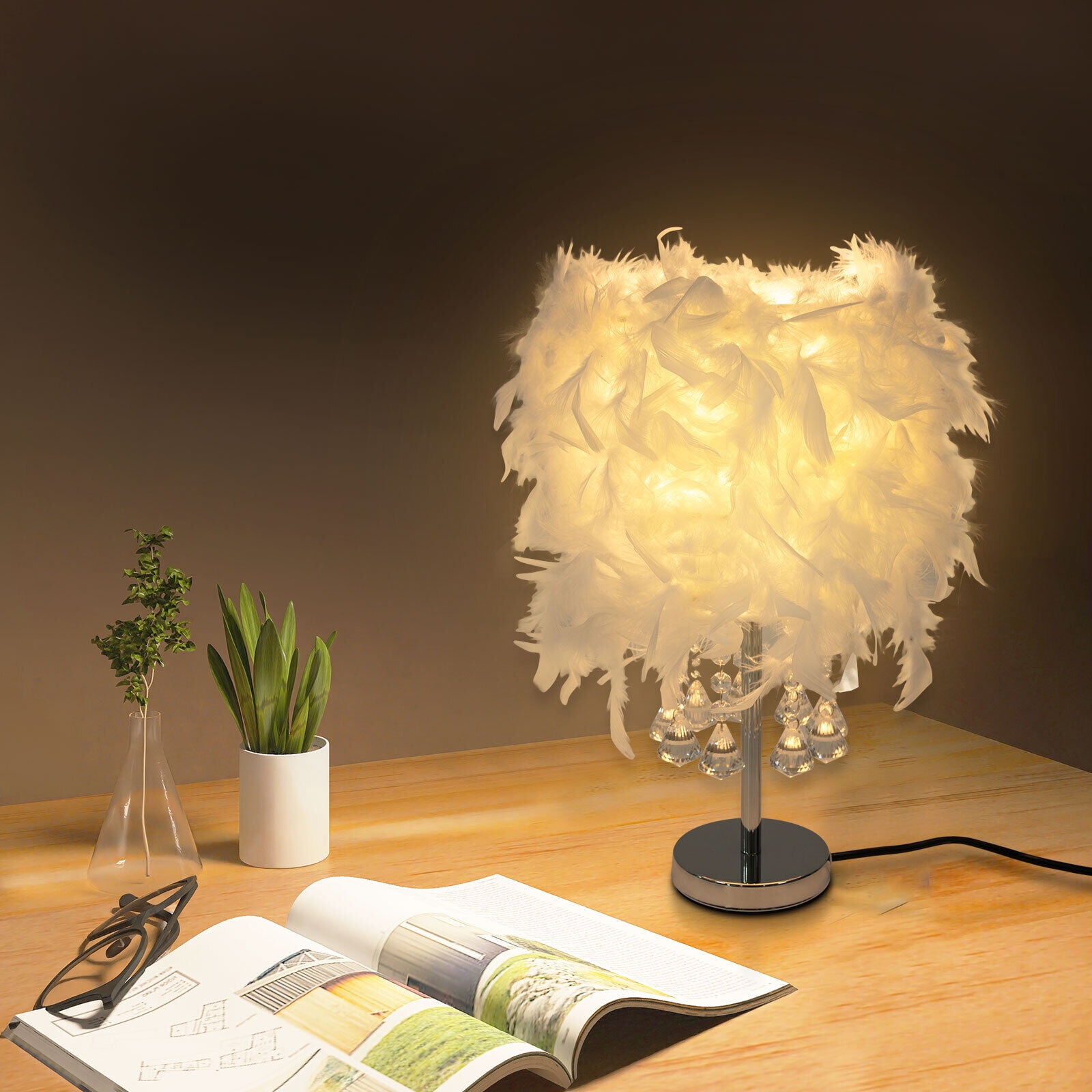 110V Bedside Lamp Modern Feather Desk Night Light Table Lamp for Bedroom Decor