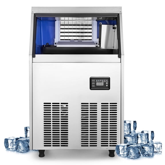 KFFKFF 110V Commercial Ice Maker 110-120lbs/24H with 33LBS Bin, Full Heavy Duty Stainless Steel Construction, Automatic Operation, Clear Cube for Home Bar