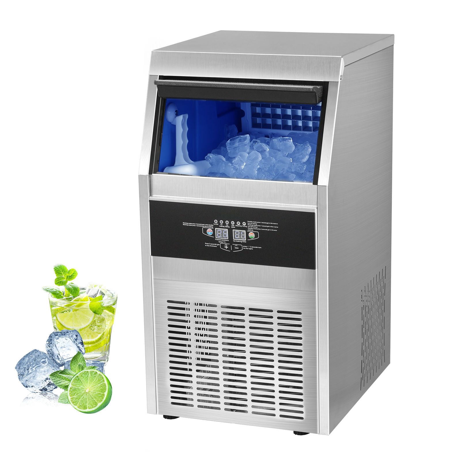 110V Commercial Ice Maker Machine 80-90 Pounds Per 24 Hours with 24 Pounds Storage Bin, Heavy Duty Stainless Steel, Auto Operation, Clear Ice Cubes for Home Bar, Includes Water Filter, Scoop, Hose