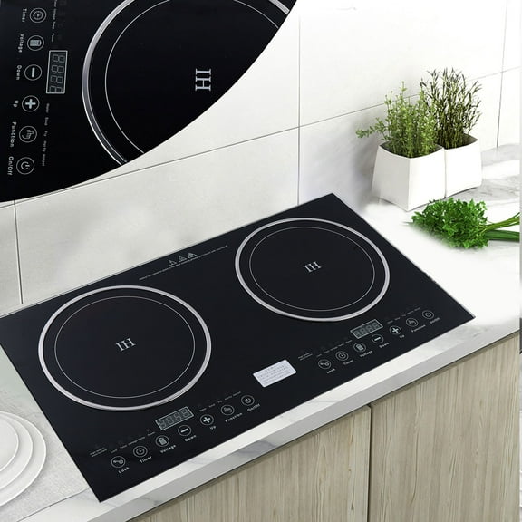 110V Double Burner Induction & Ceramic Cooktop, 1200W+1400W, Touch Control, High Efficiency, Black Crystal Panel - Perfect for Small Kitchens & RVs