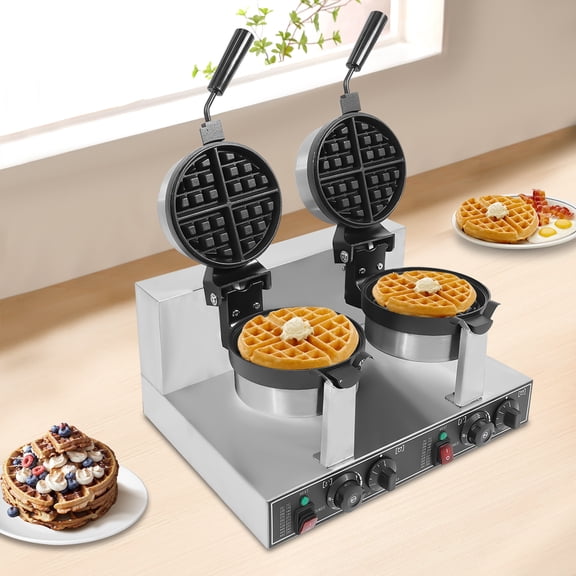 110V Double Head Waffle Maker With Independent Temperature Control, 2400W, Stainless Steel Frame For Snack Shop Pastry Baking