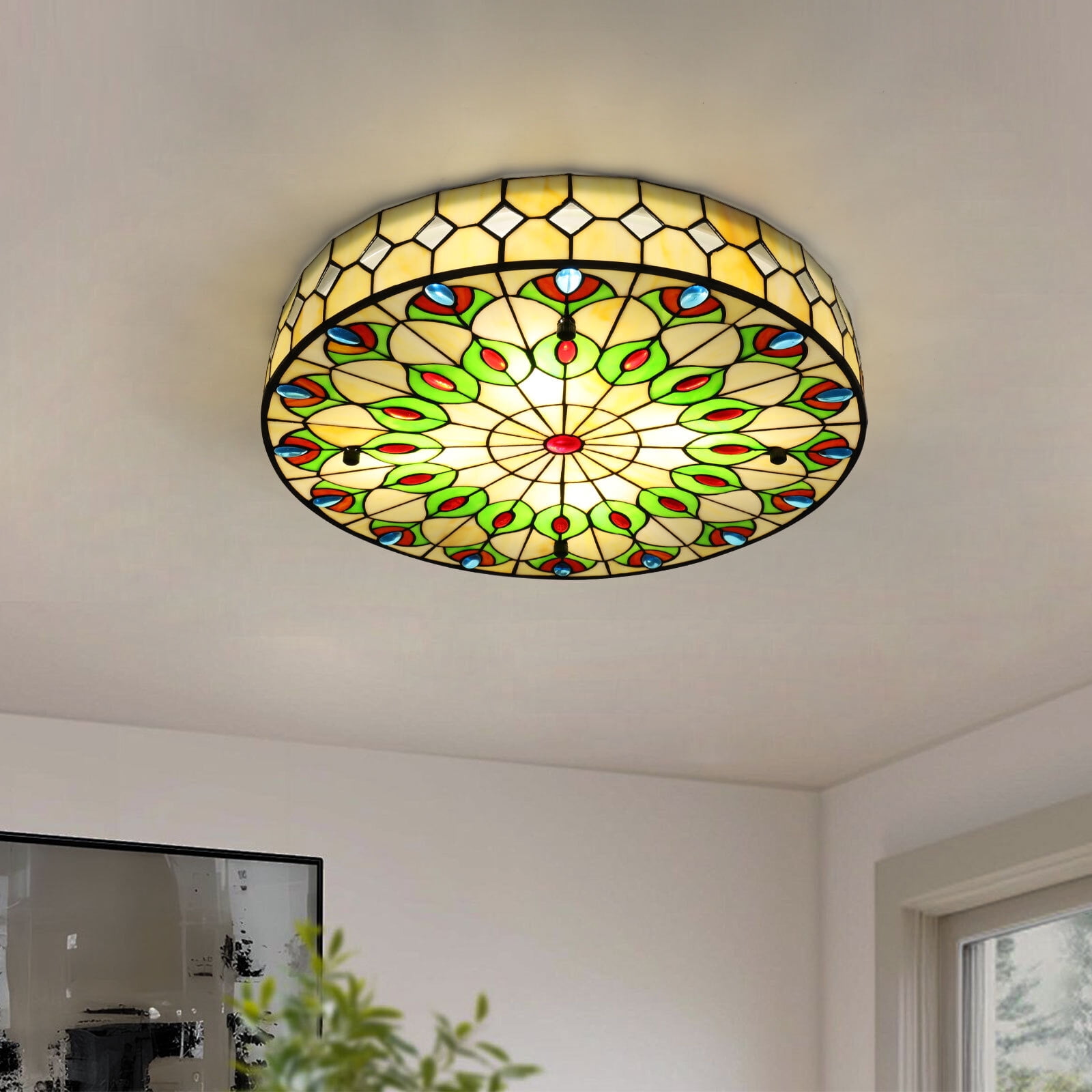 110V Flush Mount Ceiling Light, Stained Glass Ceiling Lamp Illumination Area of Up to 215.28ft² 19.68*8.5in for Aisles, Dining Rooms, Kitchens, Living Rooms