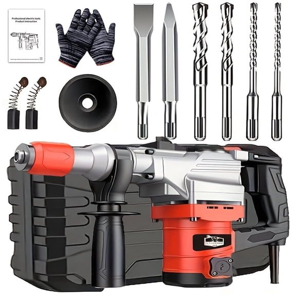 110V Heavy-Duty Electric Rotary Hammer Drill Kit, 3-Function Corded Demolition Hammer with Drill Bits & Chisels for Concrete, Brick & Masonry