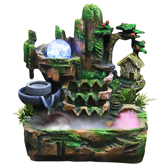 110V Multicolors LED Zen Indoor Tabletop Water Fountain Resin Rockery Waterfall Mist Water Feature Desktop