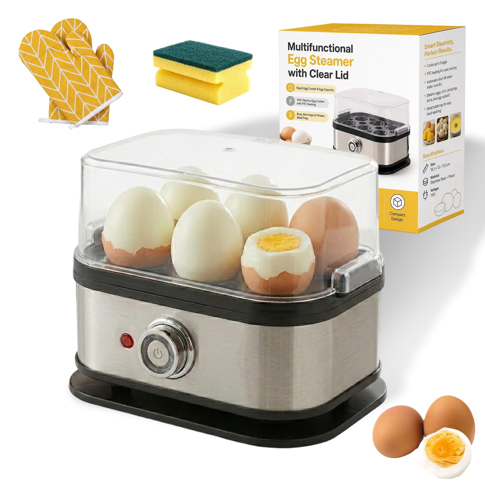 110V Multifunctional Egg Steamer with Clear Lid - Rapid Egg Cooker 6 Egg Capacity, 2026 New Stainless Steel Egg Cooker, Electric Egg Cooker with PTC Heating, Busy Mornings & Fitness Meal Prep