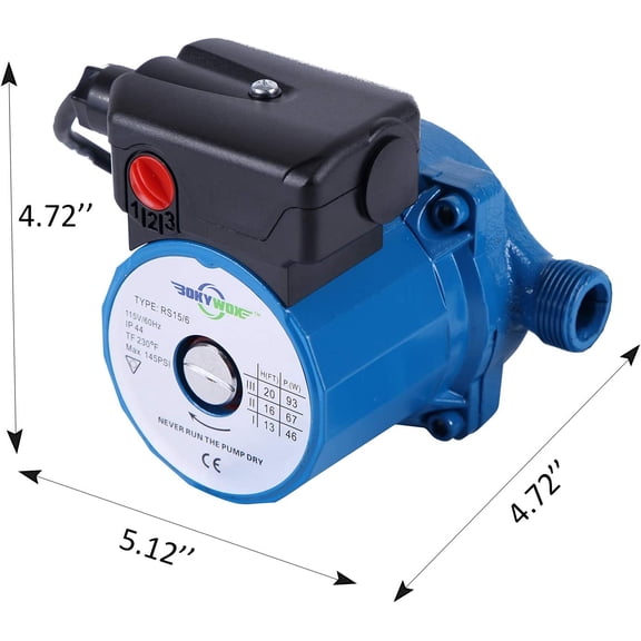 110V NPT3/4'' Domestic Hot Water Circulation Pump 3-Speed Hot Water Recirculating Pump 93W Circulator Pump for Solar /Faucet(RS15/6B) Blue