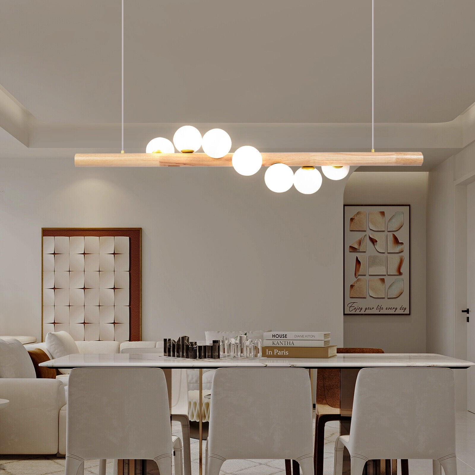 110V Open Design And Adjustable HeightWood Ceiling Light, 7-Light Pendant Lights, Height-Adjustable Suspension Ceiling Light Fixture