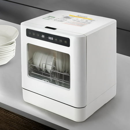 110V Portable Countertop Dishwashers, Compact Mini 360° Cleaning Dishwasher Machine with Drying Function 4 Washing Program White