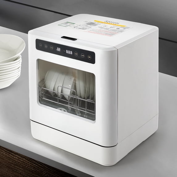 110V Portable Countertop Dishwashers, Compact Mini 360° Cleaning Dishwasher Machine with Drying Function 4 Washing Program White