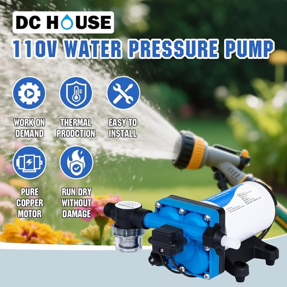 110V RV Camper Water Diaphragm Pump with Power Plug, 42-Series 5.5GPM 70PSI High Pressure, On Demand Self Priming Booster Pump for Kitchen, Bathroom, Garden Hose, Rain Barrel & Marine Use
