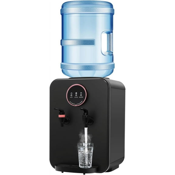 110V Top Loading Countertop Water Dispenser, Mini Water Cooler Dispenser with Hot Cold and Room Temperature Water, Premium Countertop Water Cooler for 1 to 5 Gallons Bottle (Black)