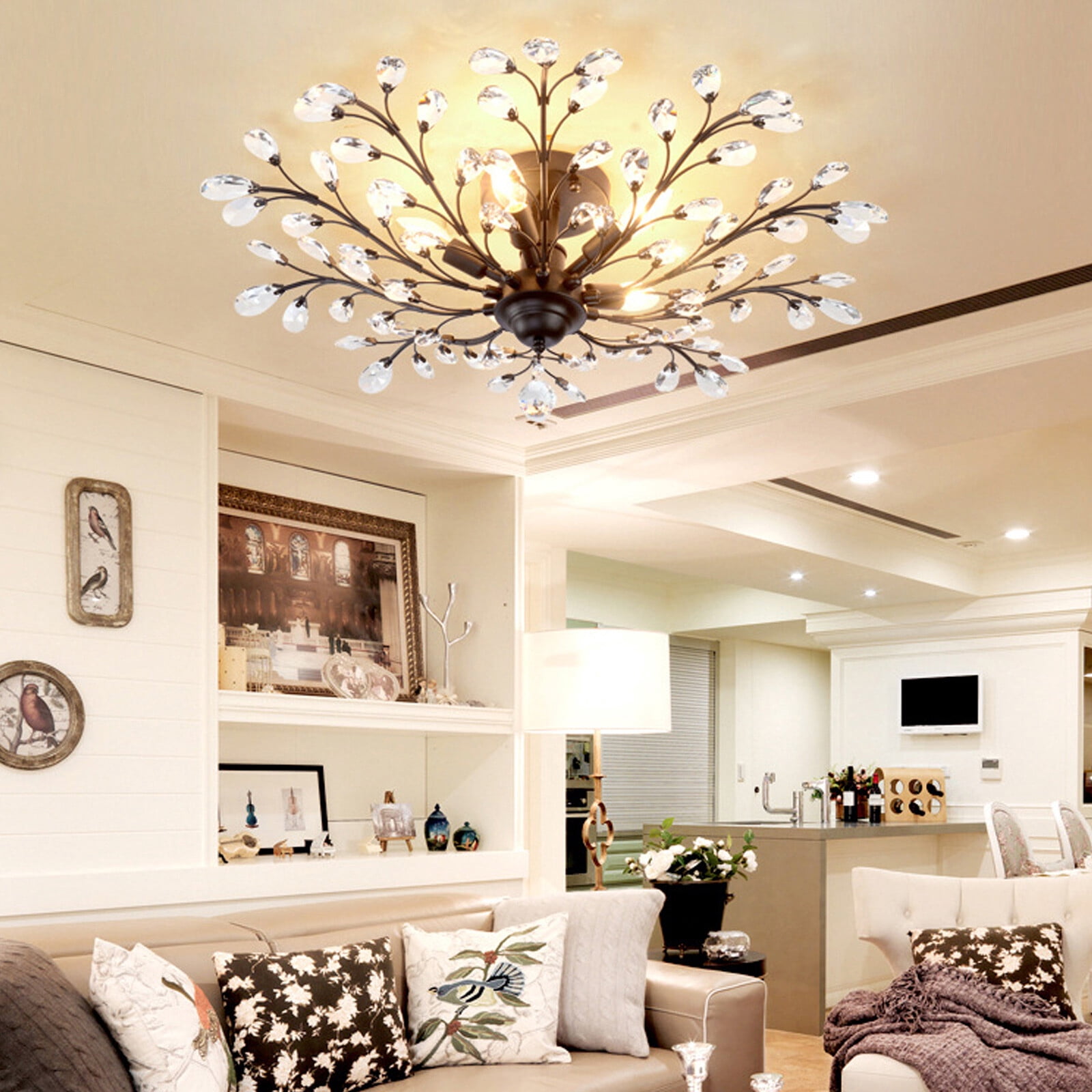 110V Vintage Crystal Pendant Lamp Flower Ceiling Light Fixture Chandelier for Living Rooms, Bedroom