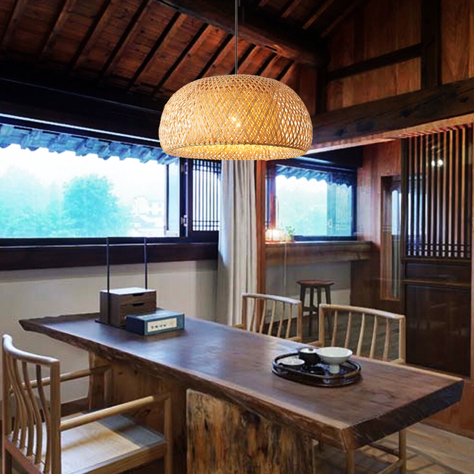 110V Vintage Pendant Light Bamboo Wicker Rattan Shade Ceiling Lamp Hanging Fixture for living room, bedroom