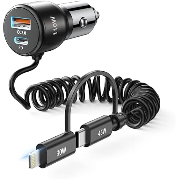 110W [65W+45W] USB C Car Charger, for iPhone 16 Car Charger, 5Ft [45W Type C or 30W Lighting Coiled Cable], PD3.0&QC3.0 USB A Fast Charging Car Cigarette Lighter Adapter for iPhone, Samsung, Android