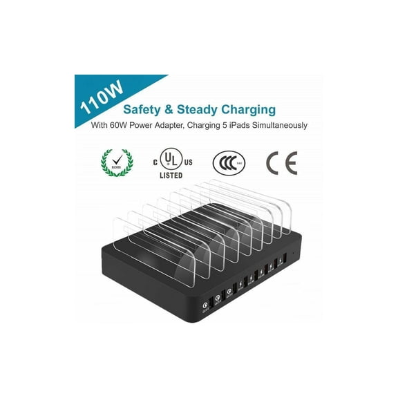 110W 8 Ports USB Charger Hub QC 3.0 Fast Charging Station Dock with Dividers For iPhone, iPad Air/Mini, Samsung Galaxy, LG stylo, Google Pixel, Kindle