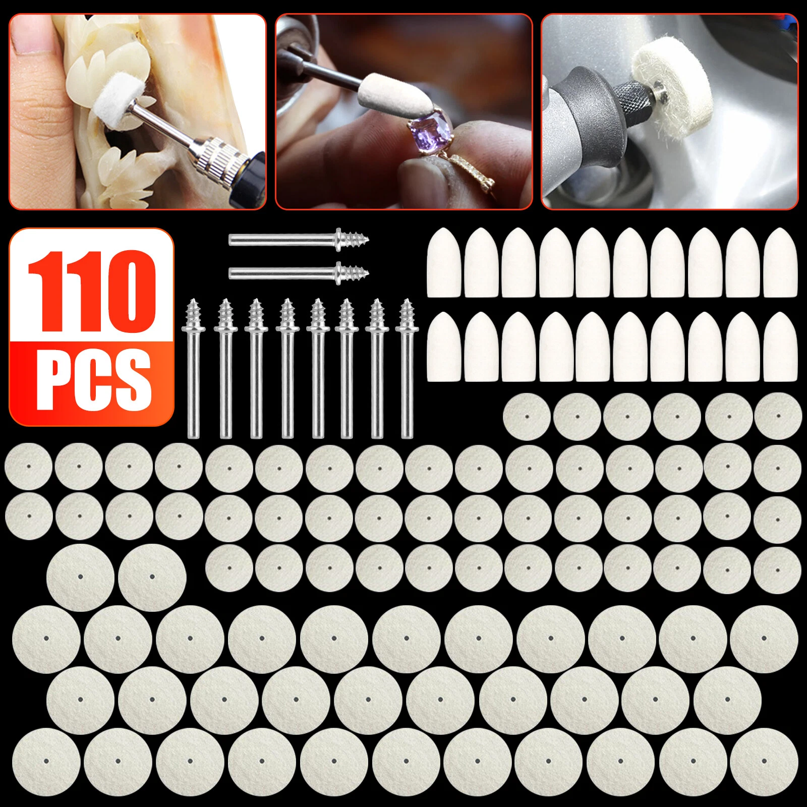 110X Wool Felt Buffing Polishing Pads Wheel Set For Dremel Grinder Accessories
