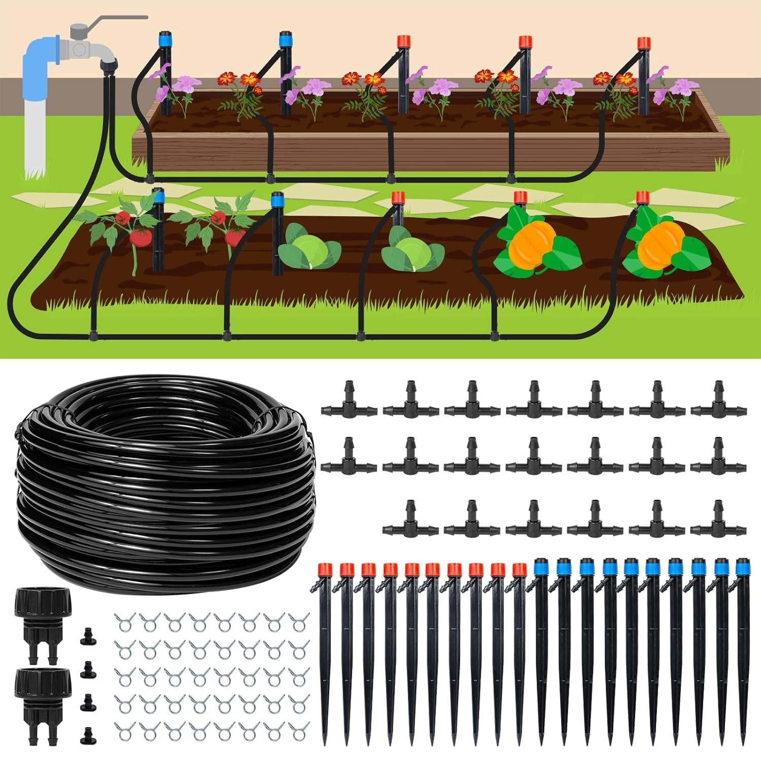 110ft Drip Irrigation System Kit, Garden Watering System DIY Automatic ...