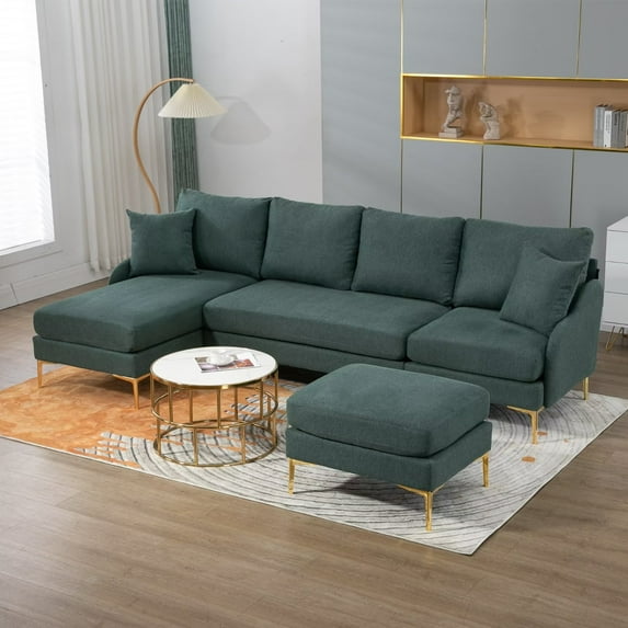 110inch Sectional Sofa for Living Room, U-Shape Convertible Modular Sectional Sofa with 2 Pillows and Metal Legs Support, Modern Upholstered Double Chaise Couches for Apartment Office, Green
