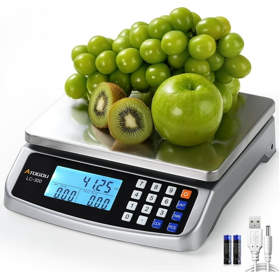 110lb Food Scale, Commercial Kitchen Scale with Price Computing, Plug-in Usable, 0.05oz/1g, 304 Stainless Steel, for Cooking, Vegetables, Farm, Industry, Counting. LC300 Silver
