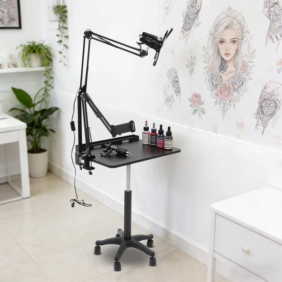 110lbs Adjustable Height Workstation Salon Rolling Workstation Floor Standing with Phone and Tablet Holder