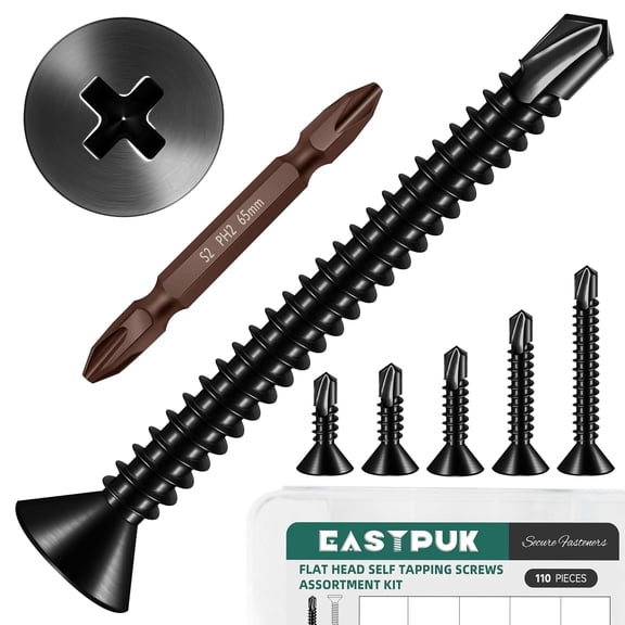 110pcs #8 Sheet Metal Self Tapping Screws Assortment Kit, 410 Stainless Steel Flat Head High-Strength Fast Self-Drilling Screws, Black Oxided