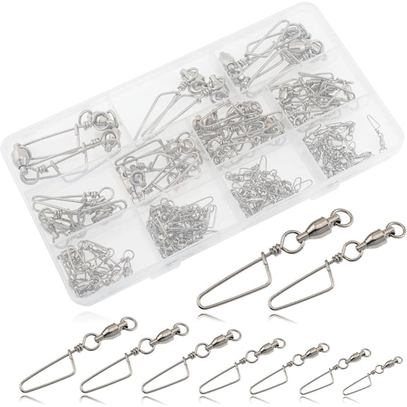 110pcs-9Sizes Ball Bearing Swivels with Coast Lock Snap Assortment for Bass Fishing Saltwater Inshore Trolling Quick Lure Change Leader Line Connector