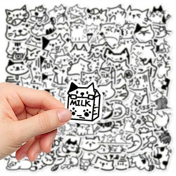 110pcs Cute Cartoon Cat Stickers - Whimsical Black & White Kitten Decals For Guitar, Skateboard, Wardrobe, Fridge, Luggage & More | Self-Adhesive PVC | Perfect For Gifts, Rewards & Creative Projects