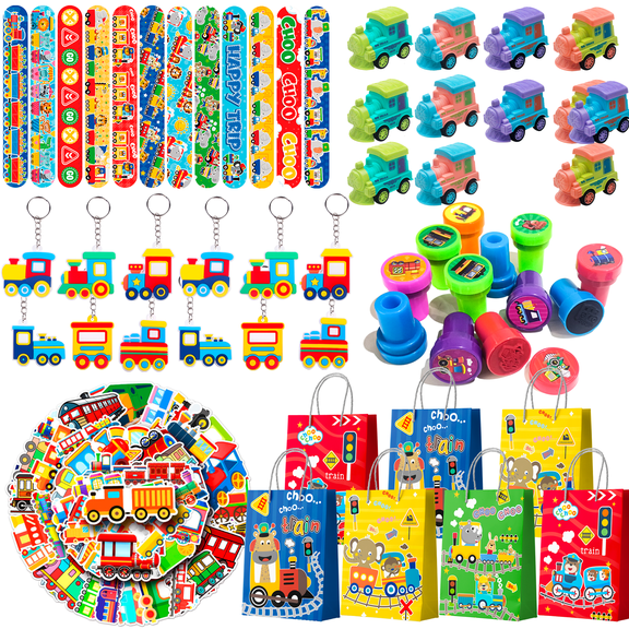110pcs Train Party Favors, Train Birthday Favors Set Including Train Theme Party Bags Keychains Slap Bracelets Stamps etc Train Themed Birthday Party Favors for Train Party Decorations