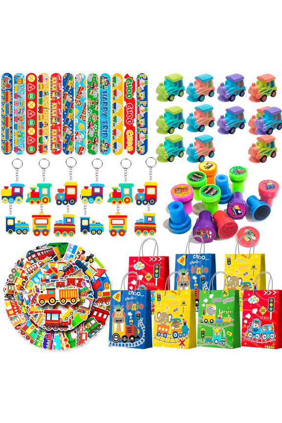 110pcs Train Party Favors, Train Birthday Favors Set Including Train Theme Party Bags Keychains Slap Bracelets Stamps etc Train Themed Birthday Party Favors for Train Party Decorations