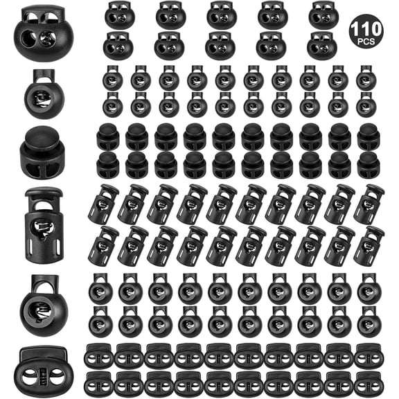 110pcs Upgraded Plastic Cord Lock,Cord Locks for Drawstrings, Draw String Clip, Spring Toggle Stopper Fastener for Paracord, Clothing, Shoelaces and Bags(6 Sizes, Black)