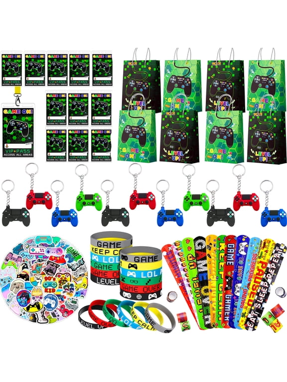110pcs Video Game Party Favors for Kids,Gamer Party Favors Set Including Video Game Wristband Slap Bracelets Keychain & Gamer Goodie Bags etc Gaming Party Favors for Boys