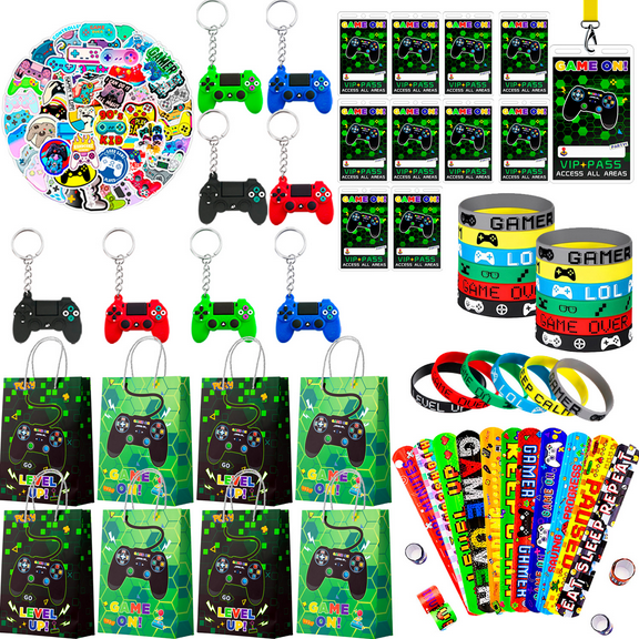 110pcs Video Game Party Favors for Kids, Gamer Party Favors Set - Video Game Wristband Slap Bracelets Keychain Vip Pass Ticket & Gamer Goodie Bags etc Gaming Party Favors for Boys