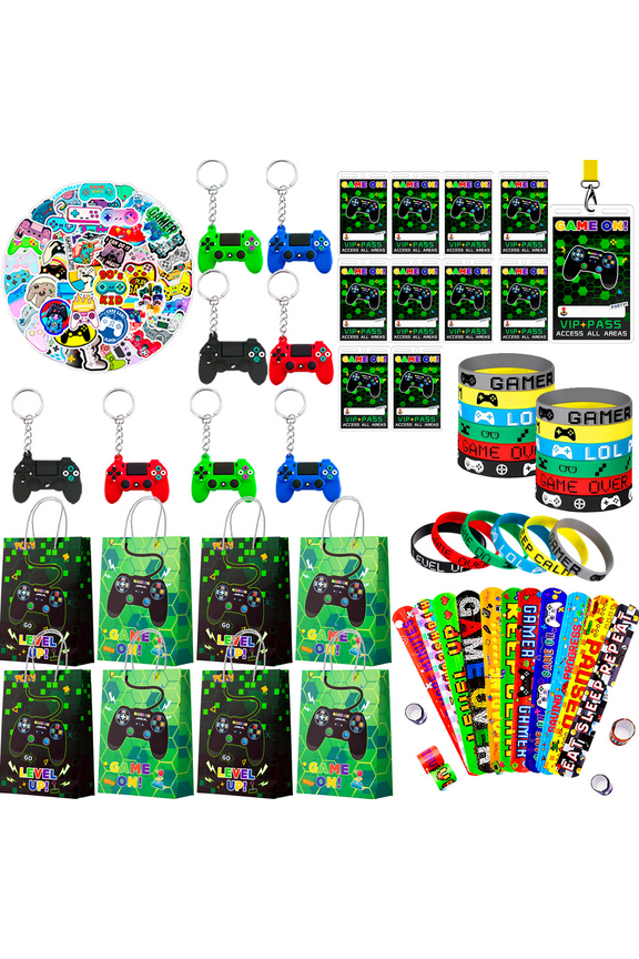 110pcs Video Game Party Favors for Kids, Gamer Party Favors Set - Video Game Wristband Slap Bracelets Keychain Vip Pass Ticket & Gamer Goodie Bags etc Gaming Party Favors for Boys