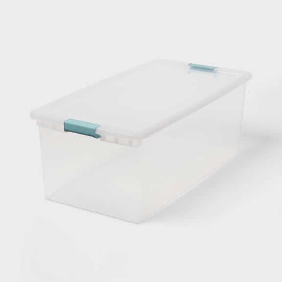 110qt Clear Storage Bin with Latching Lid, Stackable Durable Plastic Design for Organizing Clothing, Seasonal Items, Tools, and Household Storage, Transparent