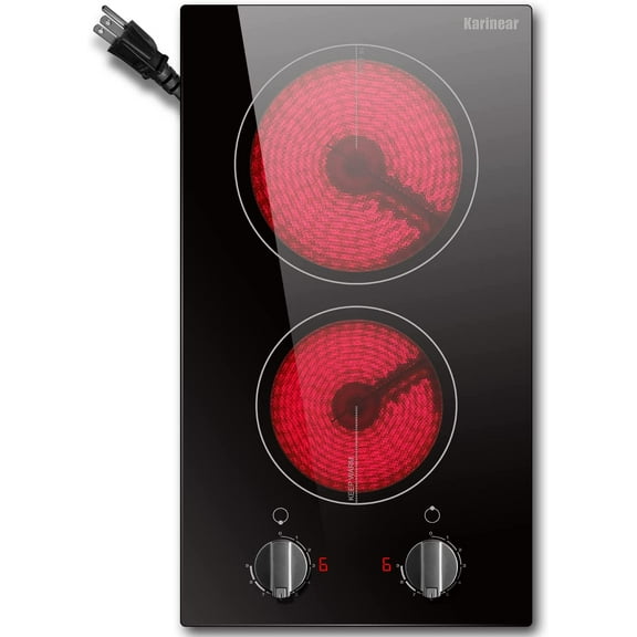110v Electric Cooktop 2 Burners, 12'' Stove Top with Plug in, Knob Control Countertop & Built-in Ceramic Cooktop, 9 Heating Level, Hot Warning, Over-Temperature Protection