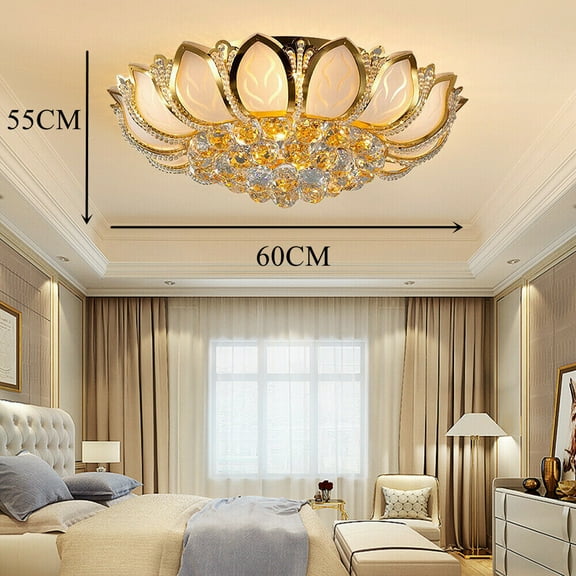 110v Elegant Gold LED Ceiling Lamp Flush Mount 7 Head Crystal Lotus Chandelier for Dining Room, Study Room
