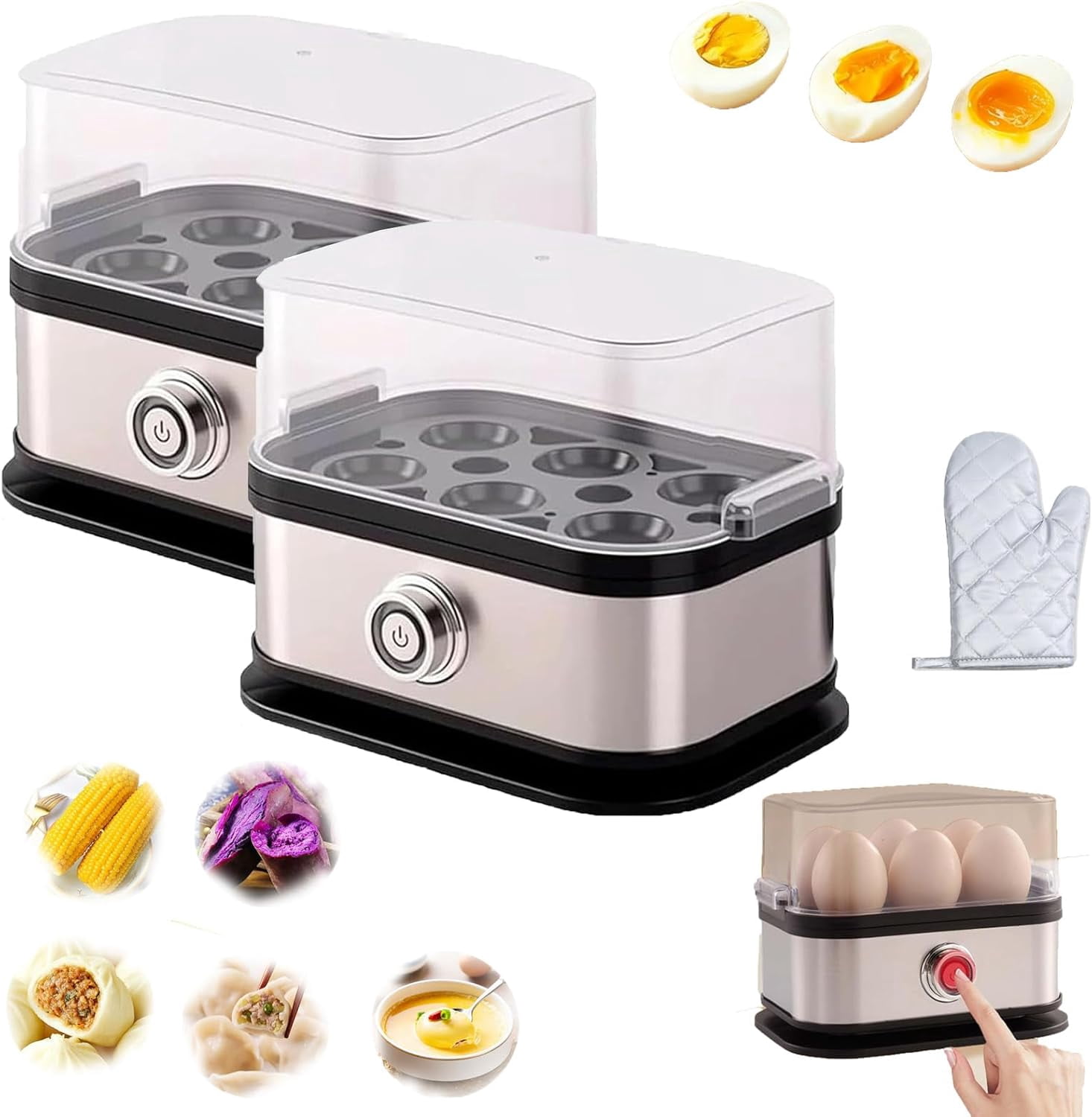 110v Multifunctional Egg Steamer with Clear Lid– 6-Egg Capacity,Stainless Steel Electric EggCooker,Compact & Portable Mini EggBoiler,Auto Shut-Off,Dry-Burn Protection,Soft Medium Hard BoiledEggs (2)
