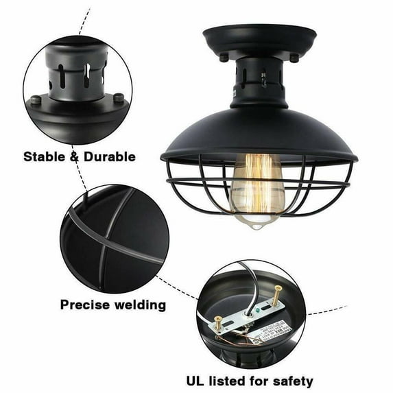 110v Retro Cage Ceiling Light, Flush Mount Chandelier Lamp Fixture Hanging Lamp Rustic Ceiling Lamp Black, for Dining Room Living Room Kitchen