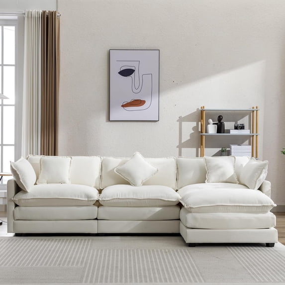 111.4" L-Shape Chenille Upholstered Sofa with 5 Pillows, Modern Luxury Sofa Couch with Removable Ottoman, 3-Seater Couch Sectional Sofa Set for Living Room (Beige-5 Pillows)