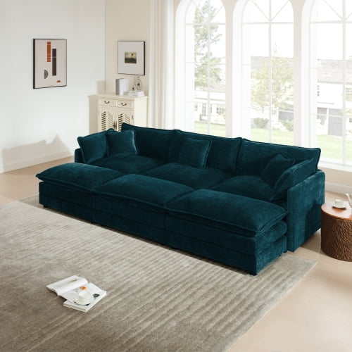 111.4" Modular U Shaped Sectional Sofa, Deep Seat Chenille Couch with 3 Ottomans, 3 Throw Pillows and 2 Arm Pillows, Convertible Modular Sofa for Living Room Apartment Lounge, Blue